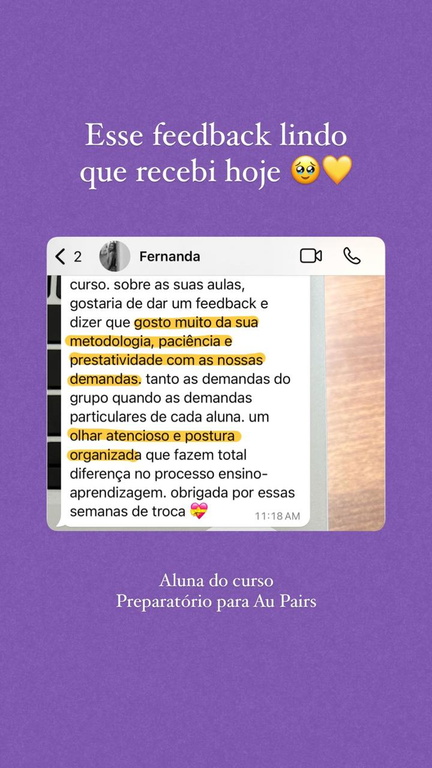 Print de feedback sobre metodologia, paciência e postura organizada