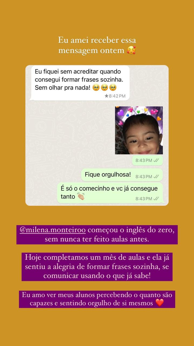 Print de aluna que formou frases sozinha, sem olhar para nada